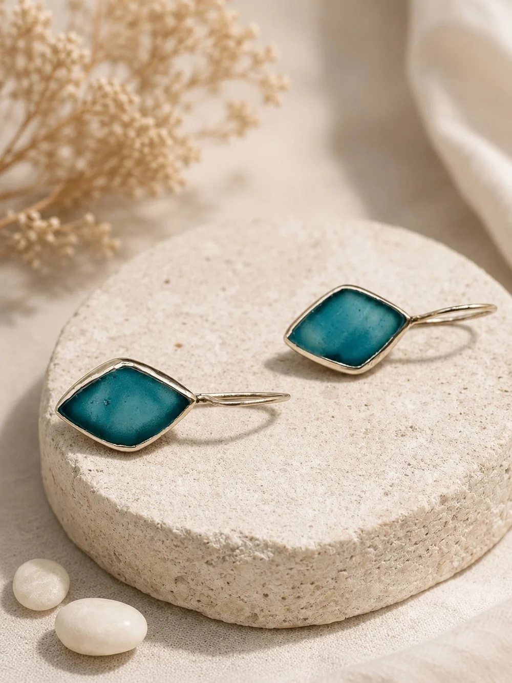 Handmade Turquoise Color Marquise Drop Earrings Sterling Silver Hooks Artisan